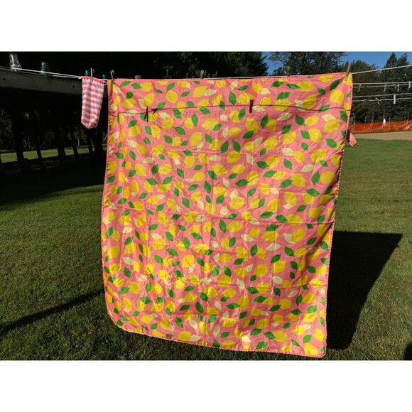 Kate Spade New York Pink Lemon Print Picnic Blanket Sheet With Striped Carrying - Picture 5 of 7